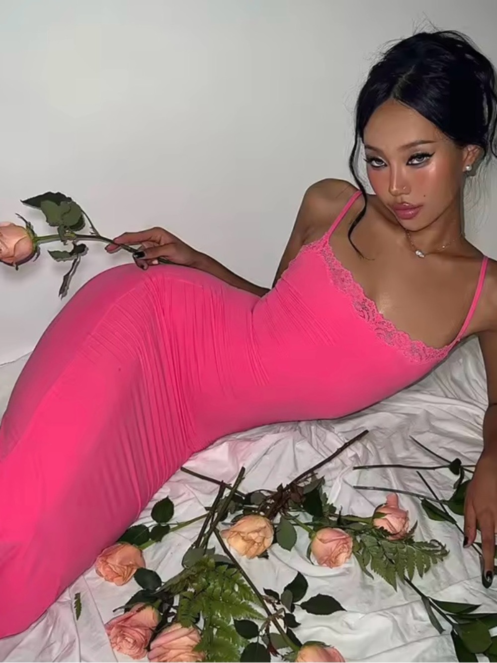 Long Fitted Rose Red Spaghetti-strap Slip Dress